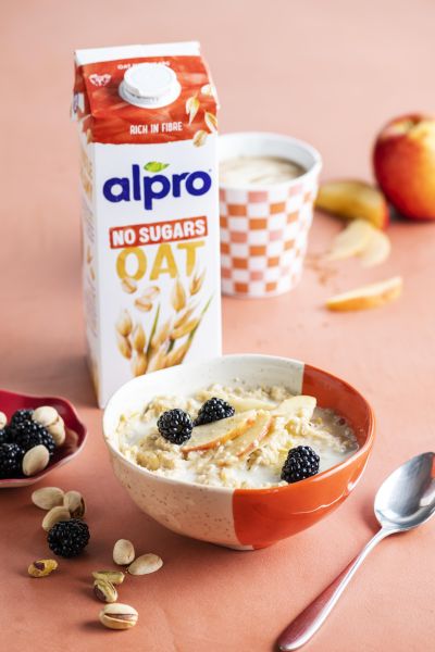 Alpro No Sugars oat drink with porridge and apple
