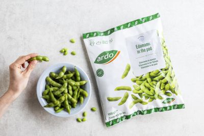 Ardo edamame in the pod bag with bowl of edamame