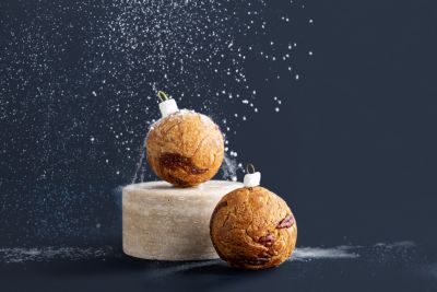 Maple pecan Christmas ornament-shaped pastry with snow effect