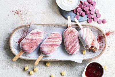 Ruby chocolate ice cream sticks with strawberry yoghurt