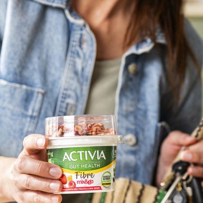 Activia Fibre with red fruits and chia seeds, on the go