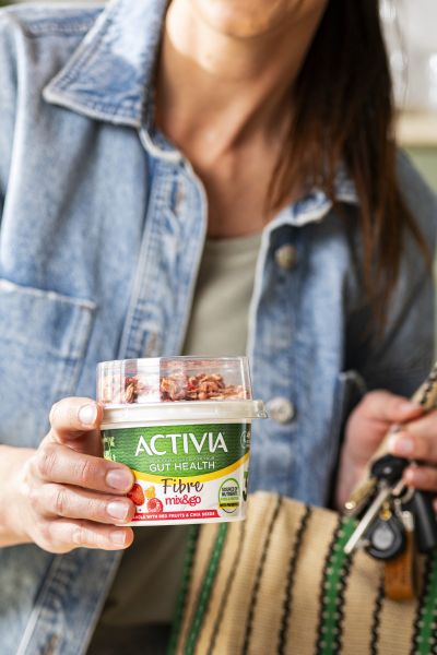 Activia Fibre with red fruits and chia seeds, on the go