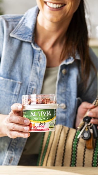 Activia Fibre with red fruits and chia seeds, on the go