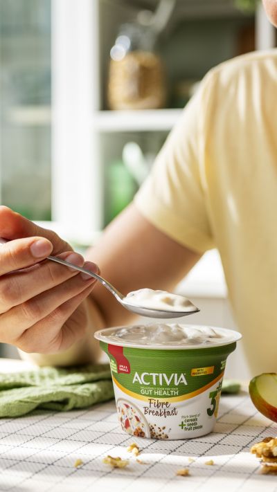 Activia Fibre yogurt breakfast with apple and cereals