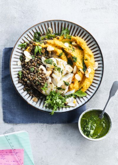 Fish with sweet potato, lentils and almonds