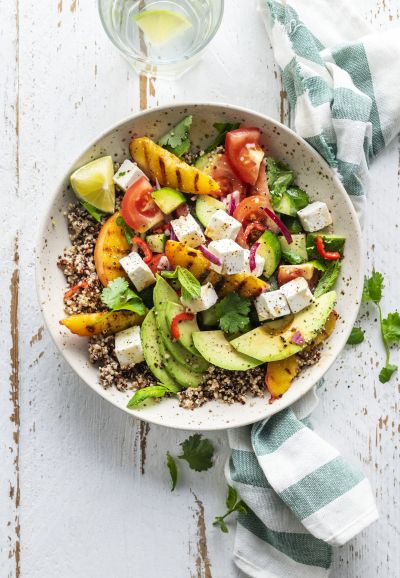 Feta quinoa salad with nectarine, avocado and jalapeno salsa