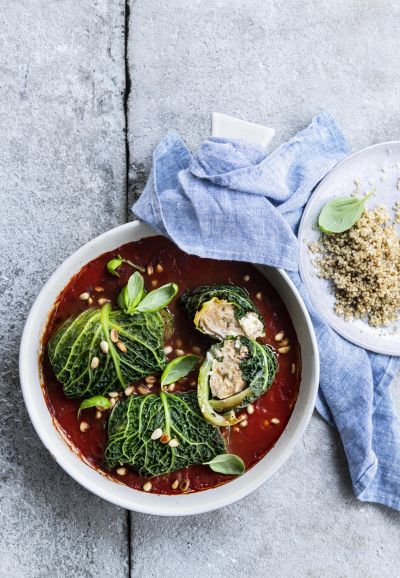 Savoy cabbage rolls with turkey mince in tomato sauce