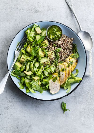 Chicken with cucumber, avocado and chimichurri, turmeric quinoa