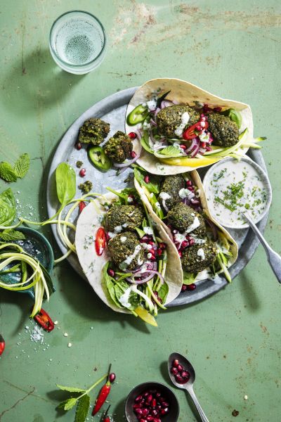 Falafel wraps with spinach and pomegranate