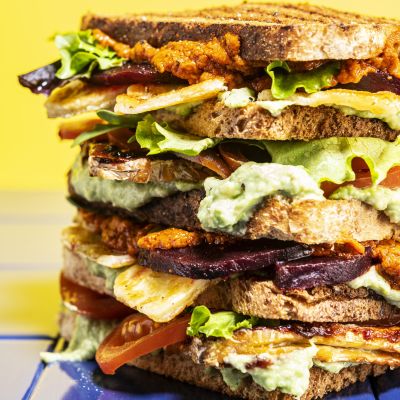 Stacked plant-based club sandwich, cross-section