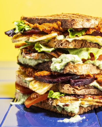 Stacked plant-based club sandwich, cross-section