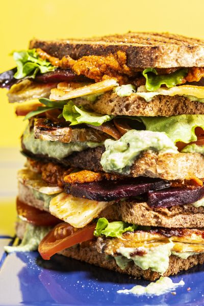Stacked plant-based club sandwich, cross-section
