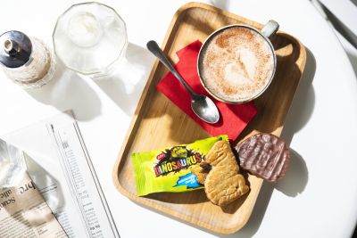 Dino milk chocolate biscuits served on a breakfast tray