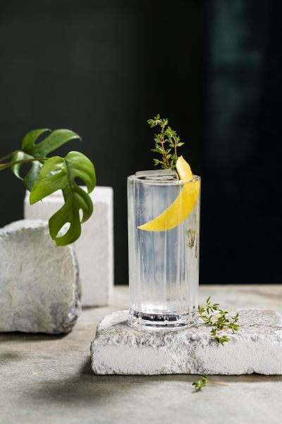 Botaniets Tom Collins cocktail with lemon garnish
