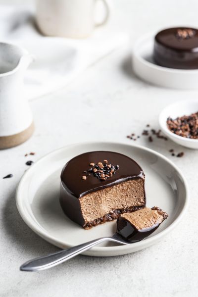 Individual chocolate mousse cake, sliced