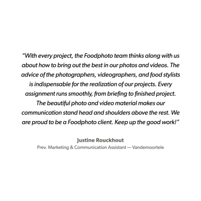 Client testimonial from Justine Rouckhout, Marketing & Communication Assistant at Vandemoortele, praising Foodphoto's food photography and videography
